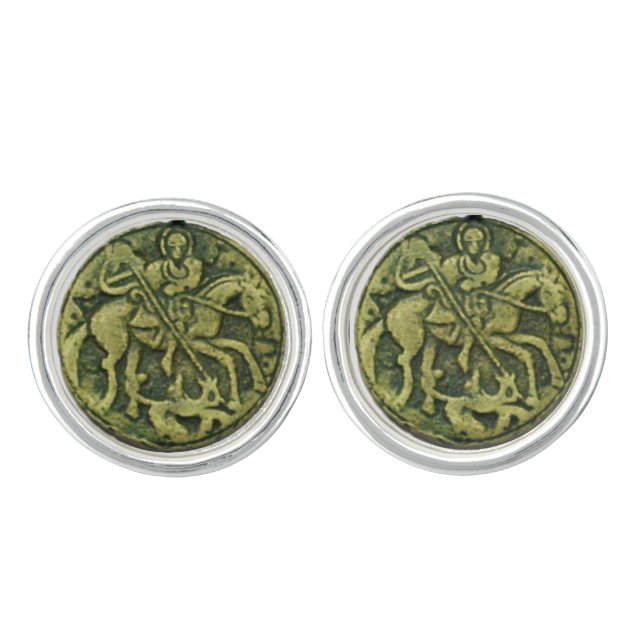 SAINT GEORGE AND DRAGON ANTIQUE MEDIEVAL MEDALLION CUFFLINKS (Front)
