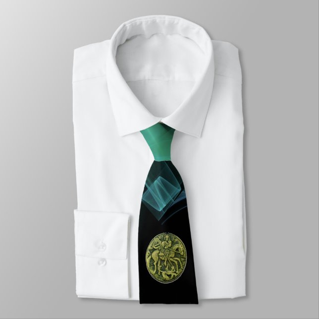 SAINT GEORGE AND DRAGON  Blue Green Fractal Swirls Tie (Tied)