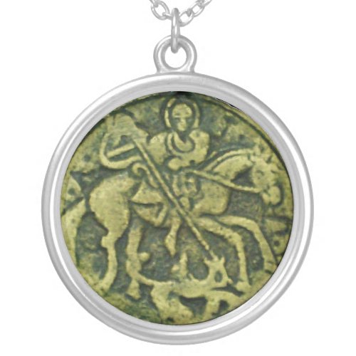 SAINT GEORGE AND DRAGON MEDALLION SILVER PLATED NECKLACE