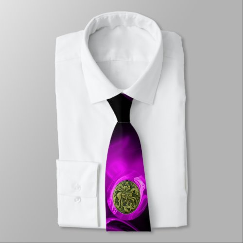 SAINT GEORGE AND DRAGON Purple Fractal Rose Black Neck Tie