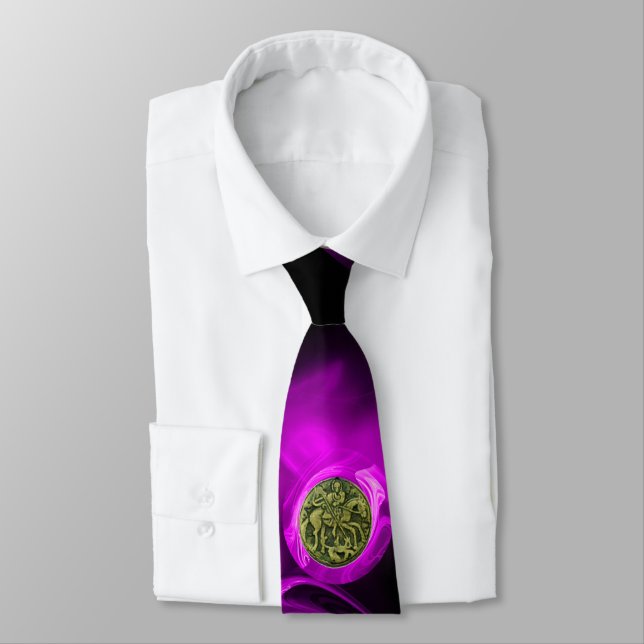 SAINT GEORGE AND DRAGON Purple Fractal Rose ,Black Neck Tie (Tied)