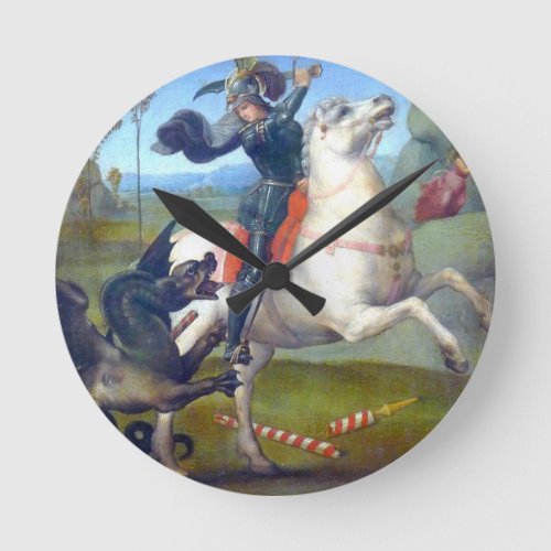 Saint George And The Dragon Painting By Raphael Round Clock