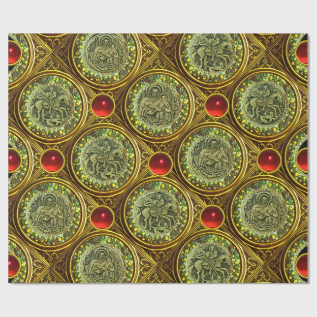 SAINT GEORGE, DRAGON /MADONNA AND CHILD Red Ruby Wrapping Paper (Flat)