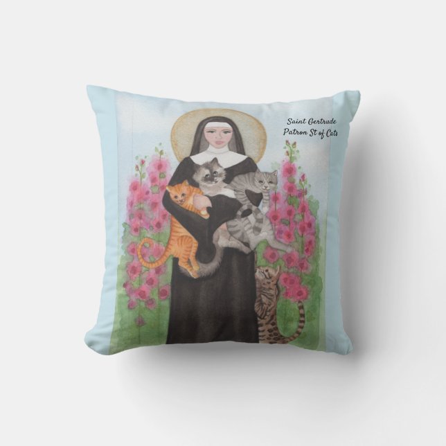 Saint Gertrude Patron St of Cats Throw Pillow (Front)