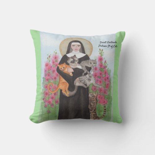 Saint Gertrude Patron St of Cats Throw Pillow