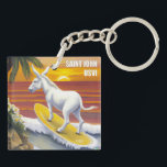 Saint John US Virgin Islands Funny Donkey Surfing Keychain<br><div class="desc">A funny keychain celebrating the many wild donkeys on Saint John, US Virgin Islands. With a beautiful painting of a donkey surfing near a tropical beach with the sunset in the background. Makes a fun gift idea for remembering a vacation to Saint John, or for people who just love the...</div>