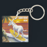 Saint John US Virgin Islands Funny Donkey Surfing Keychain<br><div class="desc">A funny keychain celebrating the many wild donkeys on Saint John, US Virgin Islands. With a beautiful painting of a donkey surfing near a tropical beach with the sunset in the background. Makes a fun gift idea for remembering a vacation to Saint John, or for people who just love the...</div>