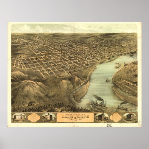 Saint Joseph Missouri 1868 Antique Panoramic Map Poster