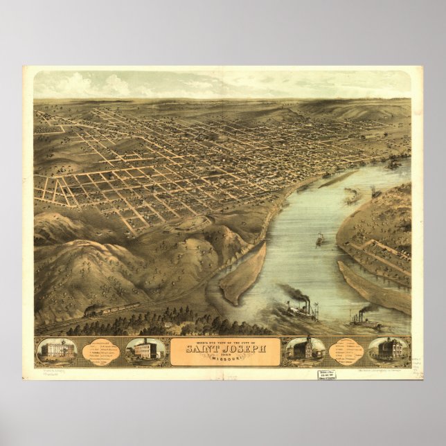 Saint Joseph Missouri 1868 Antique Panoramic Map Poster (Front)