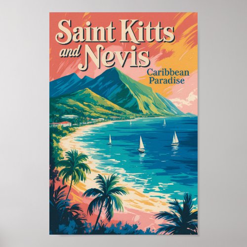 Saint Kitts and Nevis Landscape Illustration Retro Poster