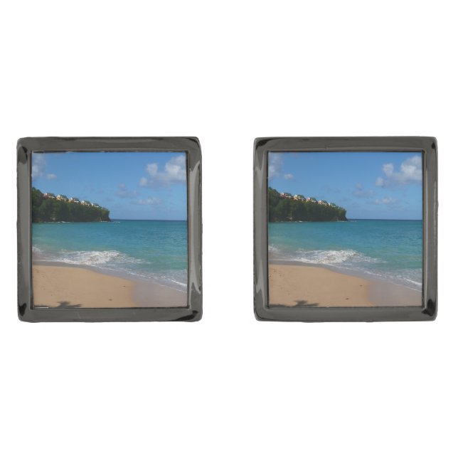 Saint Lucia Beach Tropical Vacation Landscape Gunmetal Finish Cufflinks (Front)