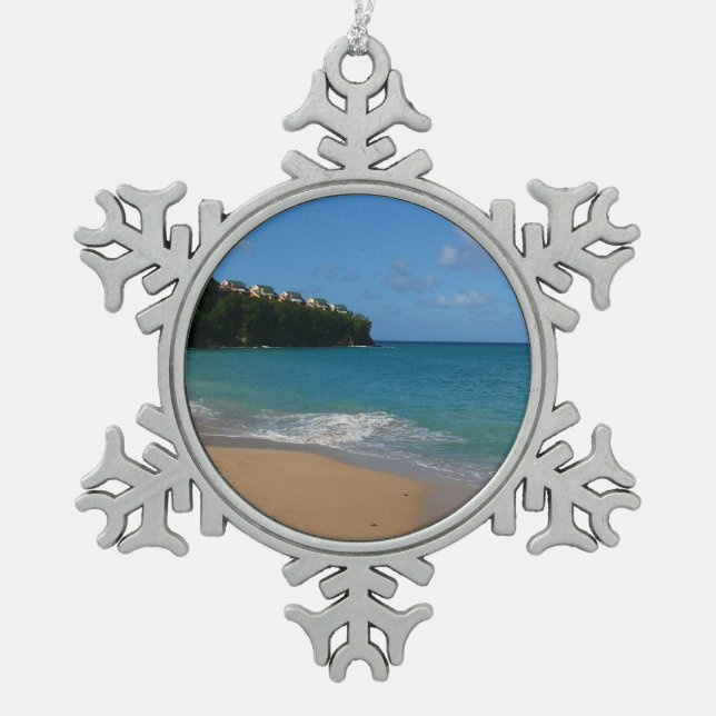 Saint Lucia Beach Tropical Vacation Landscape Snowflake Pewter Christmas Ornament (Front)