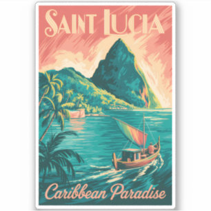 Saint Lucia Boat Illustration Travel Art Vintage Sticker