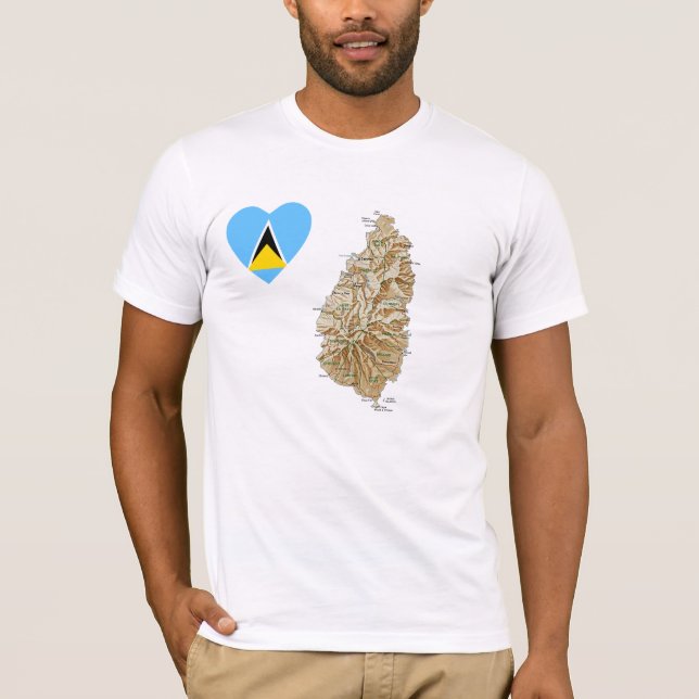 Saint Lucia Flag Heart and Map T-Shirt (Front)