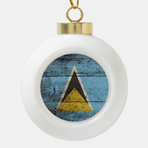Saint Lucia Flag on Old Wood Grain Ceramic Ball Christmas Ornament