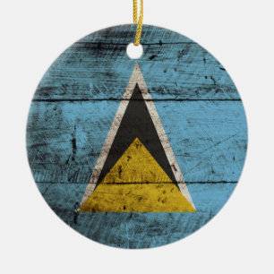 Saint Lucia Flag on Old Wood Grain Ceramic Ornament