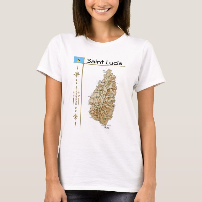 Saint Lucia Map + Flag + Title T-Shirt (Front)