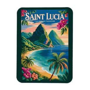 Saint Lucia Pitons Illustration Travel Art Vintage Magnet