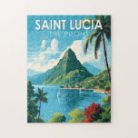 Saint Lucia The Pitons Travel Art Vintage Jigsaw Puzzle<br><div class="desc">Saint Lucia The Pitons vector art design. The Pitons are two mountainous volcanic plugs,  volcanic spires,  located in Saint Lucia.</div>