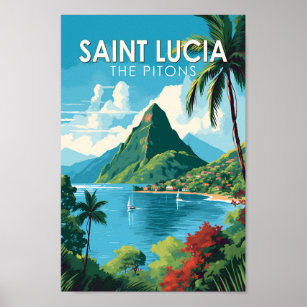 Saint Lucia The Pitons Travel Art Vintage Poster