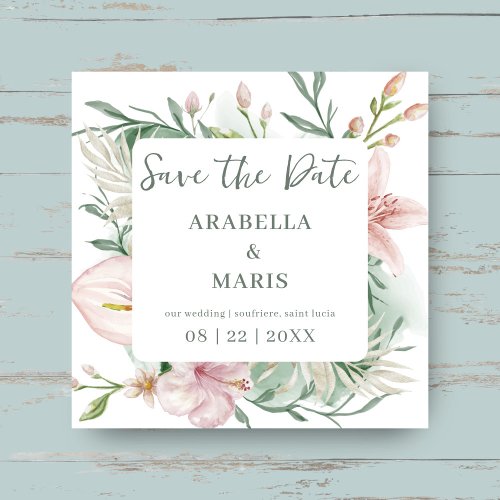 Saint Lucia  Tropical Watercolor Floral Wedding Save The Date