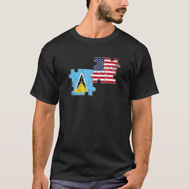 Saint Lucia USA Saint Lucian American Flag T-Shirt (Front)