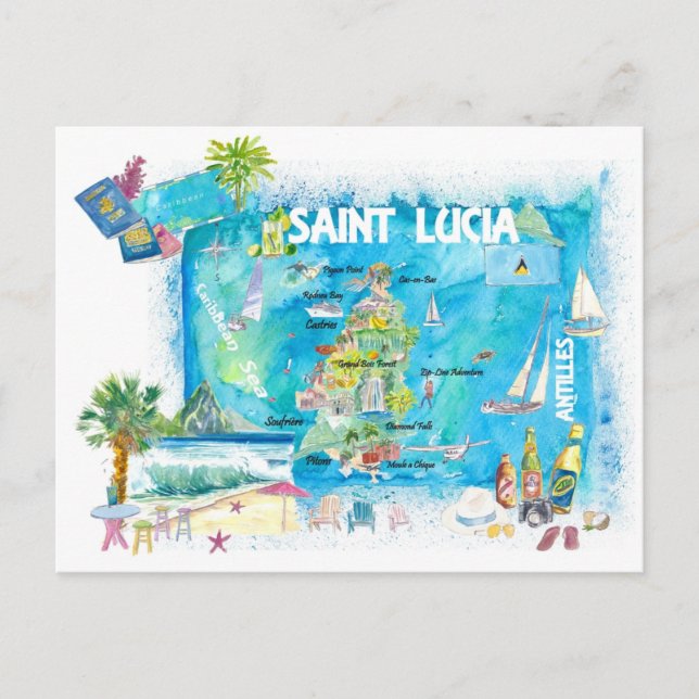 Saint Lucia West Indies Illustrated Map  Postcard (Front)