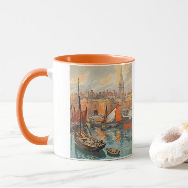 Saint Malo, France, Vintage Travel Poster Art Mug (With Donut)