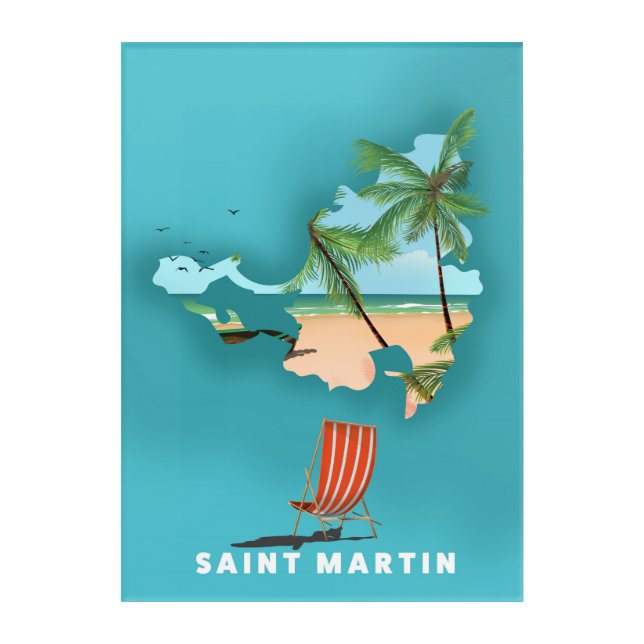 Saint Martin Illustrated map. Acrylic Print (Front)