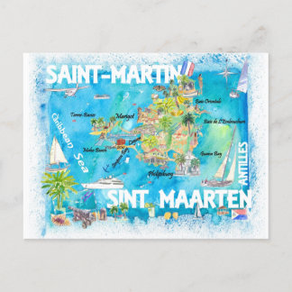 Saint-Martin Sint Maarten Antilles Map Postcard