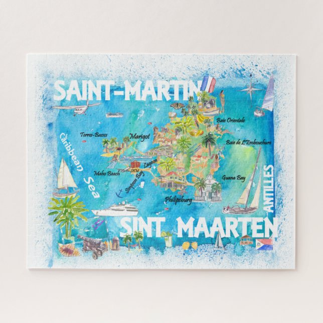 Saint-Martin Sint Maarten Antilles Travel Map Jigsaw Puzzle (Horizontal)