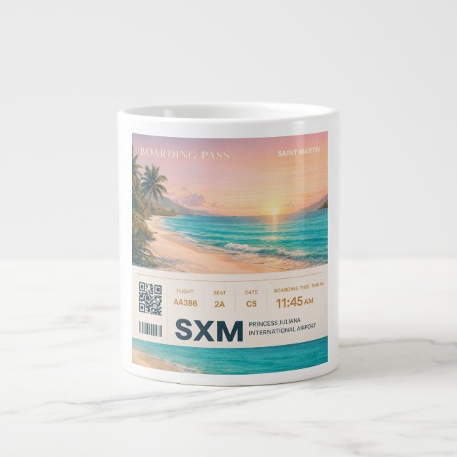 Saint Martin SXM Boarding Pass Sunset Giant Coffee Mug (Front)