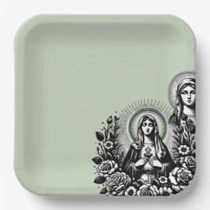 Saint Mary Catholic Christian Soft Sage Green Paper Plates