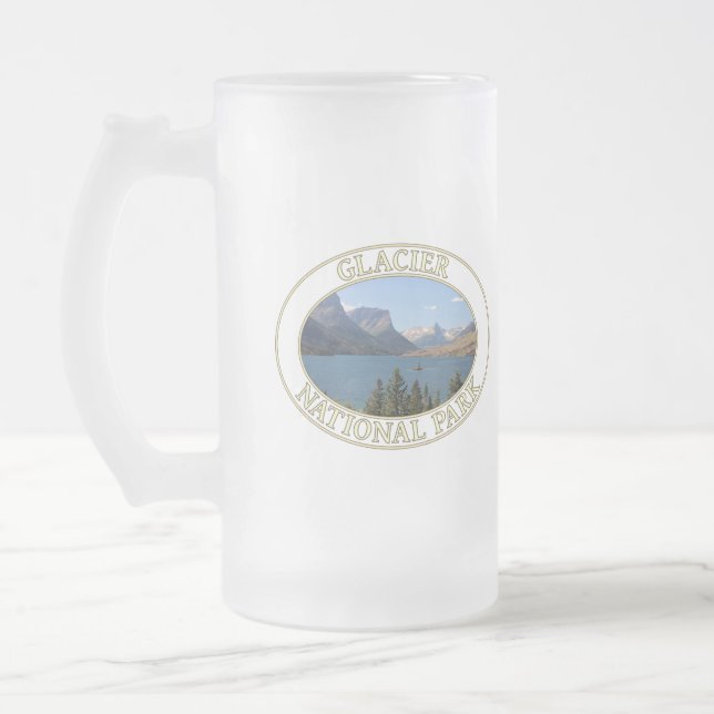 Saint Mary Lake at Glacier National Park in MT Frosted Glass Beer Mug (Left)
