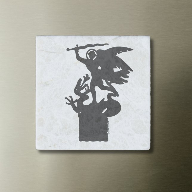 Saint Michael and Dragon Stone Magnet (Saint Michael and Dragon Stone Magnet on Steel Refrigerator)