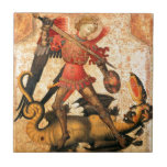 Saint Michael and the Dragon (15th Century) Tile<br><div class="desc">High quality,  high resolution print depicting Saint Michael the archangel slaying the seven-headed dragon of the apocalypse. Unknown Valencian artist,  15th century.</div>