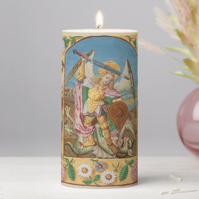 Saint Michael Archangel Medieval Art Pillar Candle (In Situ)