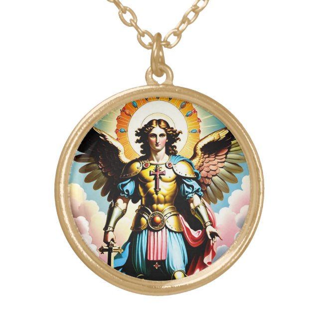 Saint Michael Necklace, Catholic Gold Plated Necklace (Front)