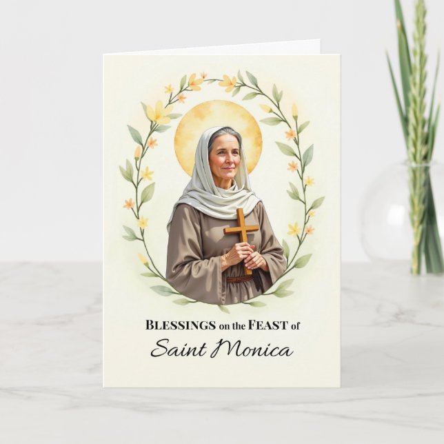 Saint Monica Feast Day Blessings Floral Wreath Card (Front)