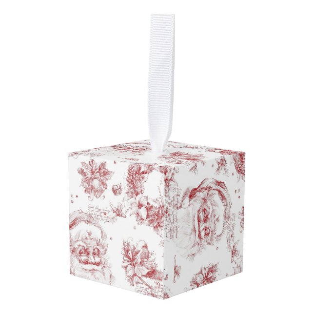 Saint Nicholas Decoupage French Country Red Toile  Cube Ornament (Front Angled)