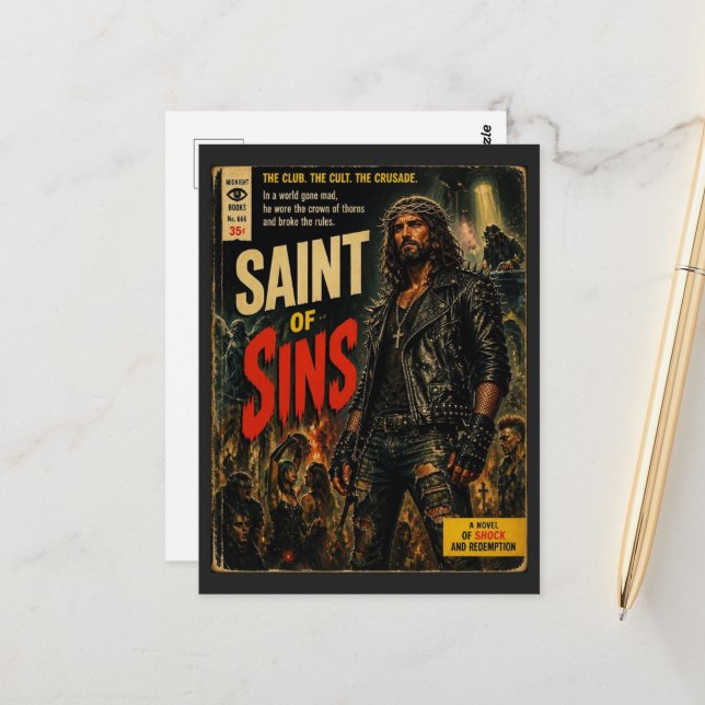 Saint of Sins Faux Book Cover Jesus Postcard (Front/Back In Situ)