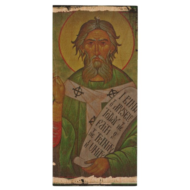Saint Patrick Icon on Green Wood USB Flash Drive (Back (Vertical))