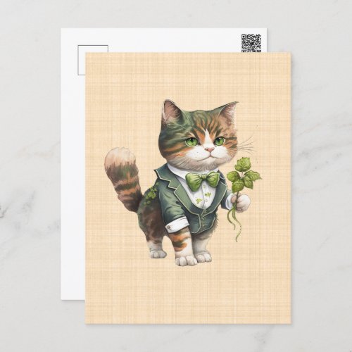 Saint Patrick Lucky cat in suit Postcard