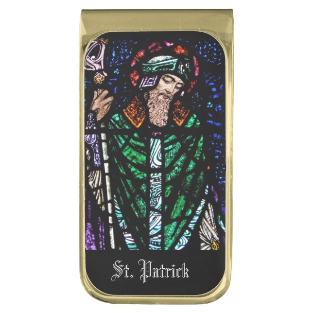 Saint Patrick Stained Glass Gold Finish Money Clip (Front Vertical)