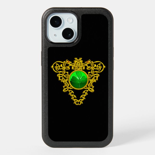 SAINT PATRICK'S CELTIC HEART,SHAMROCK Gold Black  iPhone 15 Case (Back)