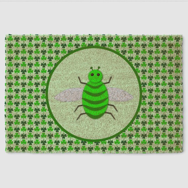 Saint Patricks Day Bee and Shamrocks Fiber Doormat (Front)