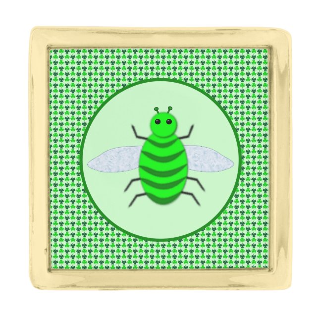 Saint Patricks Day Bee and Shamrocks Gold Finish Lapel Pin (Front)