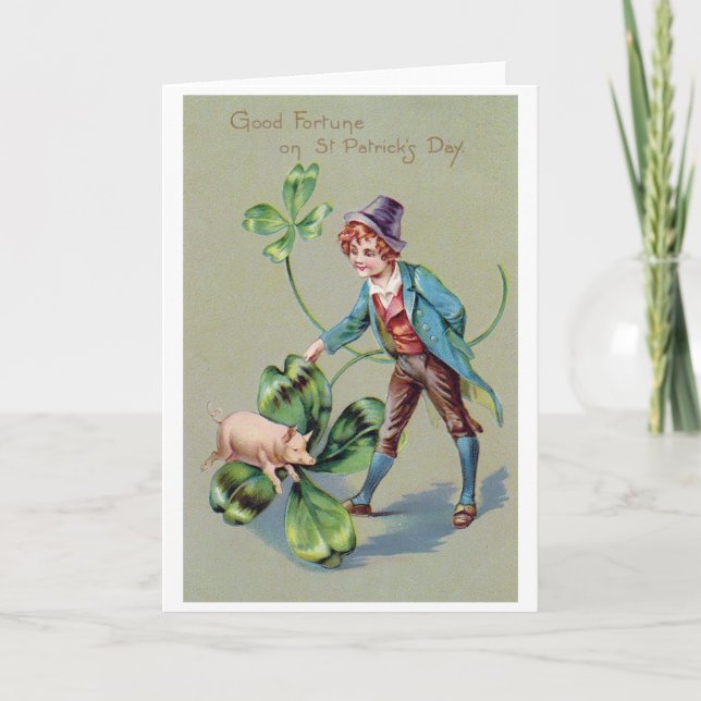 Saint Patrick's Day Boy & Lucky Pig, Vintage Card (Front)