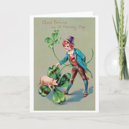 Saint Patricks Day Boy  Lucky Pig Vintage Card