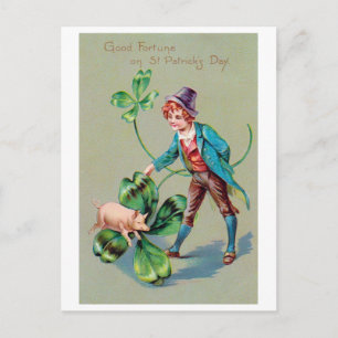 Saint Patrick's Day Boy & Lucky Pig, Vintage Postcard